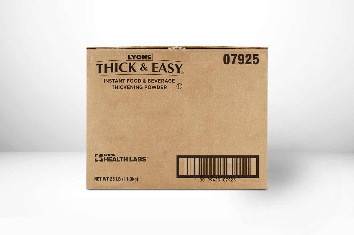 Cardboard box of Lyons Thick & Easy thickening powder on a white background.