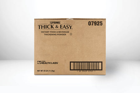 Cardboard box of Lyons Thick & Easy thickening powder on a white background.