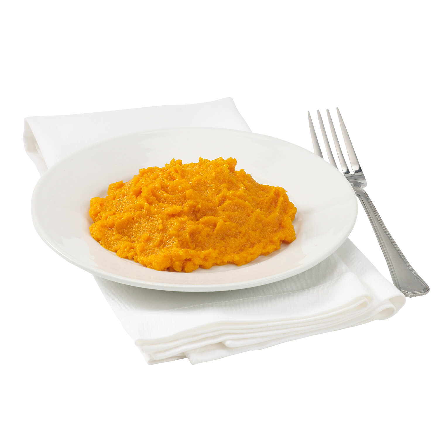 White plate with orange mashed carrots on a white background.