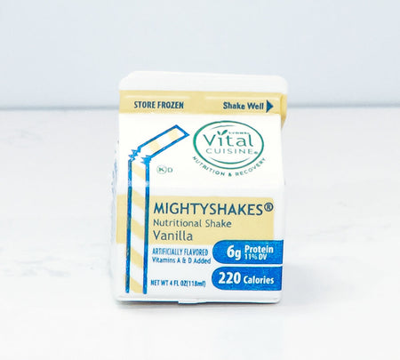 Vital Cuisine MightyShakes Vanilla nutritional shake package on a white background.