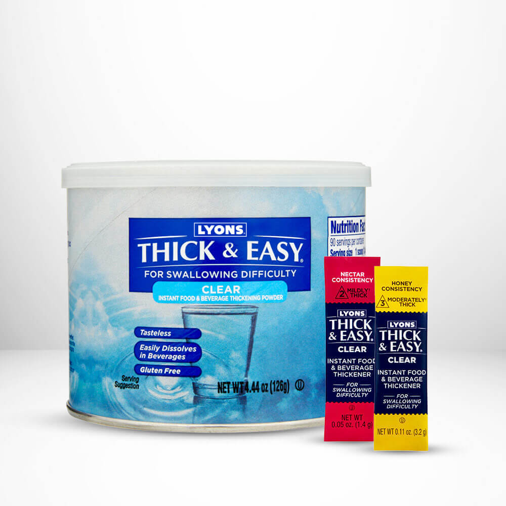 Canister of Lyons Thick & Easy thickening powder with packaging on a white background.