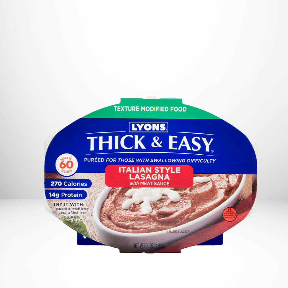 Packaging of Lyons Thick & Easy Italian Style Lasagna with Meat Sauce on a white background.