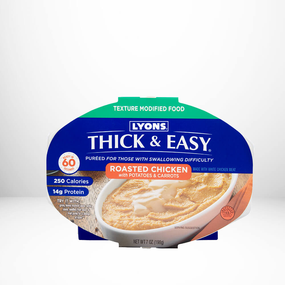 Packaging of Lyons Thick & Easy roasted chicken puree on a white background.