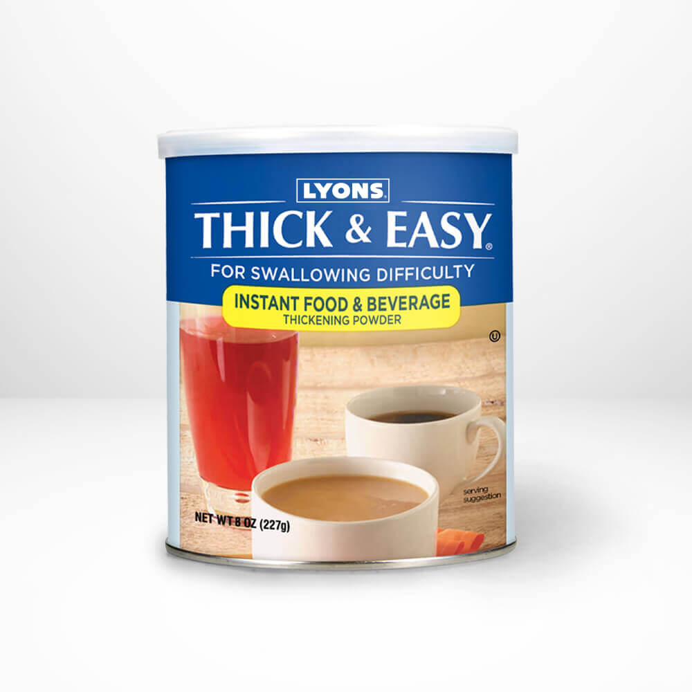 Can of Lyons Thick & Easy thickening powder on a white background.