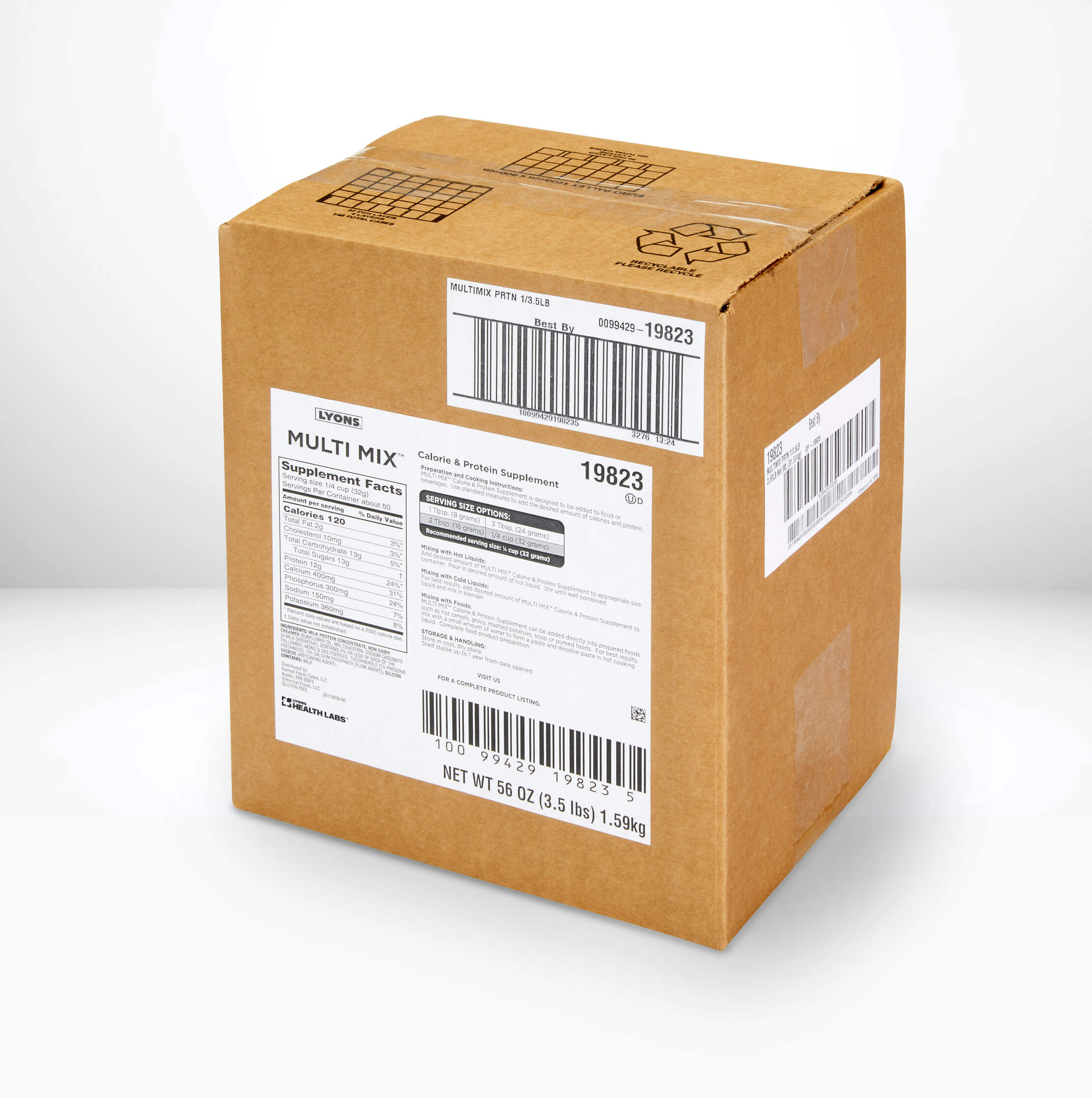 Cardboard box with labels and barcodes on a white background.