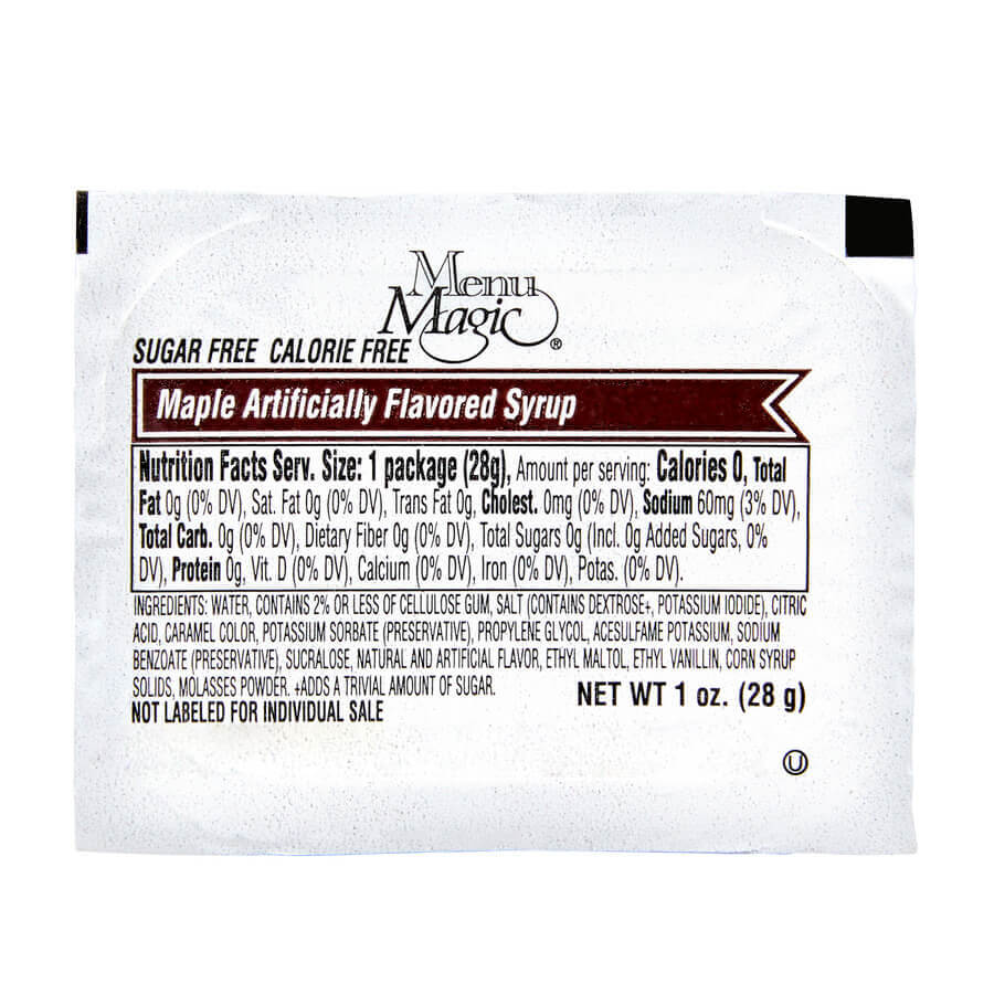 Menus Magic maple syrup packet with nutrition facts on a white background.