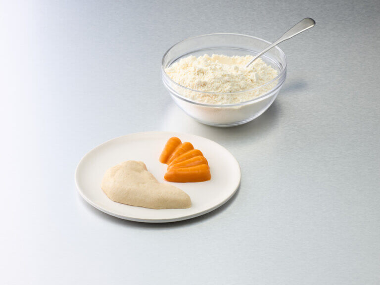 Bowl of rice with a spoon, plate with two pieces of food on a gray background.