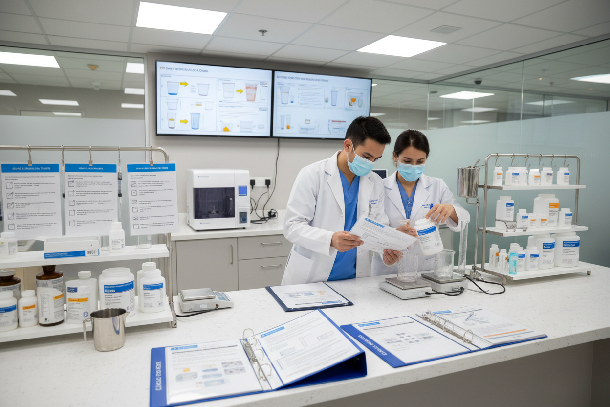 A clinical workspace with healthcare professionals referencing detailed product protocols and preparation guides. Show organized binders, checklists, mixing instructions, and labeled nutrition products on a counter. Emphasis on accuracy, safety, and standardized procedures. Professional, realistic healthcare setting.