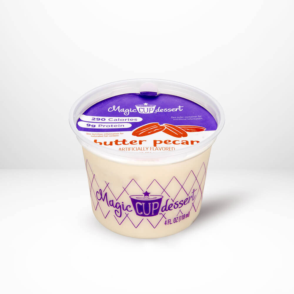 Magic Cup Dessert container with 'butter pecan' flavor on a white background.