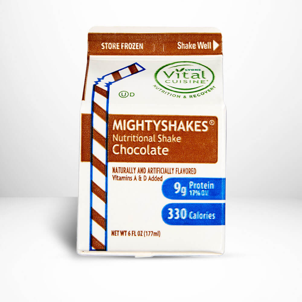 Box of MightyShakes Nutritional Shake Chocolate flavor on a white background.