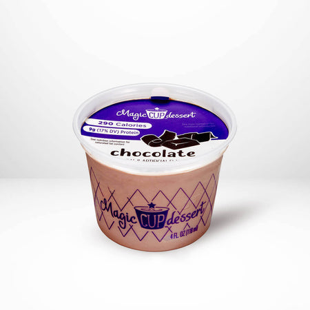 Chocolate dessert cup with purple and white label on a white background.