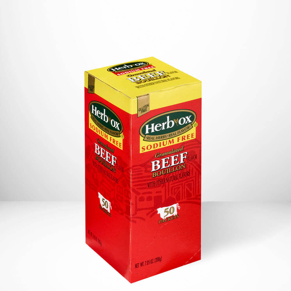 Herb Ox beef bouillion cube packaging on a white background.
