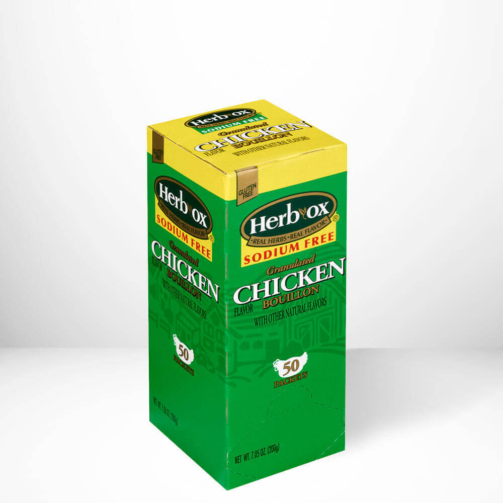 Herb ox chicken bouillon box on a white background.