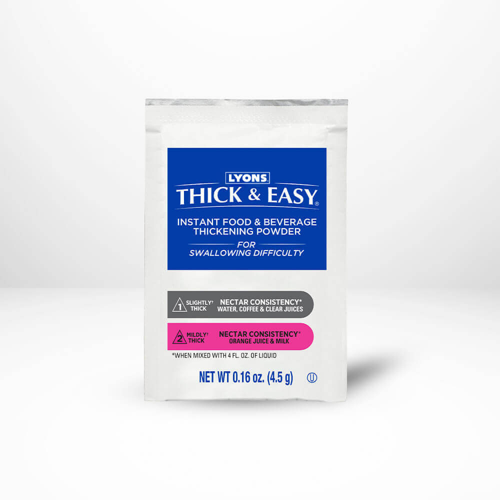 Packaging of Lyons Thick & Easy thickening powder on a white background.