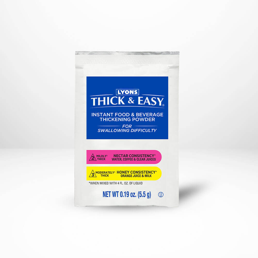 Packaging of Lyons Thick & Easy thickening powder on a white background.