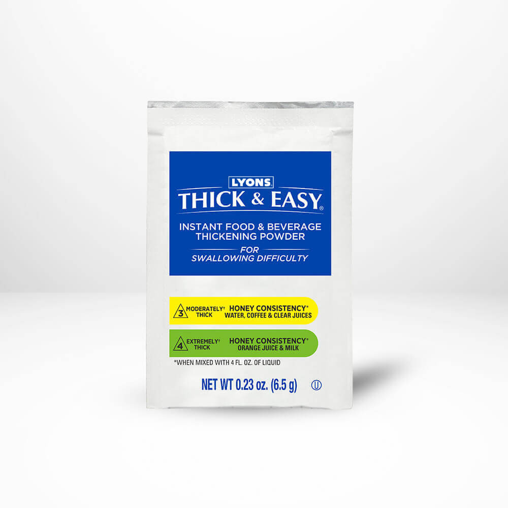Packaging of Lyons Thick & Easy thickening powder on a white background.