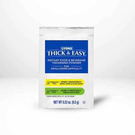 Packaging of Lyons Thick & Easy thickening powder on a white background.