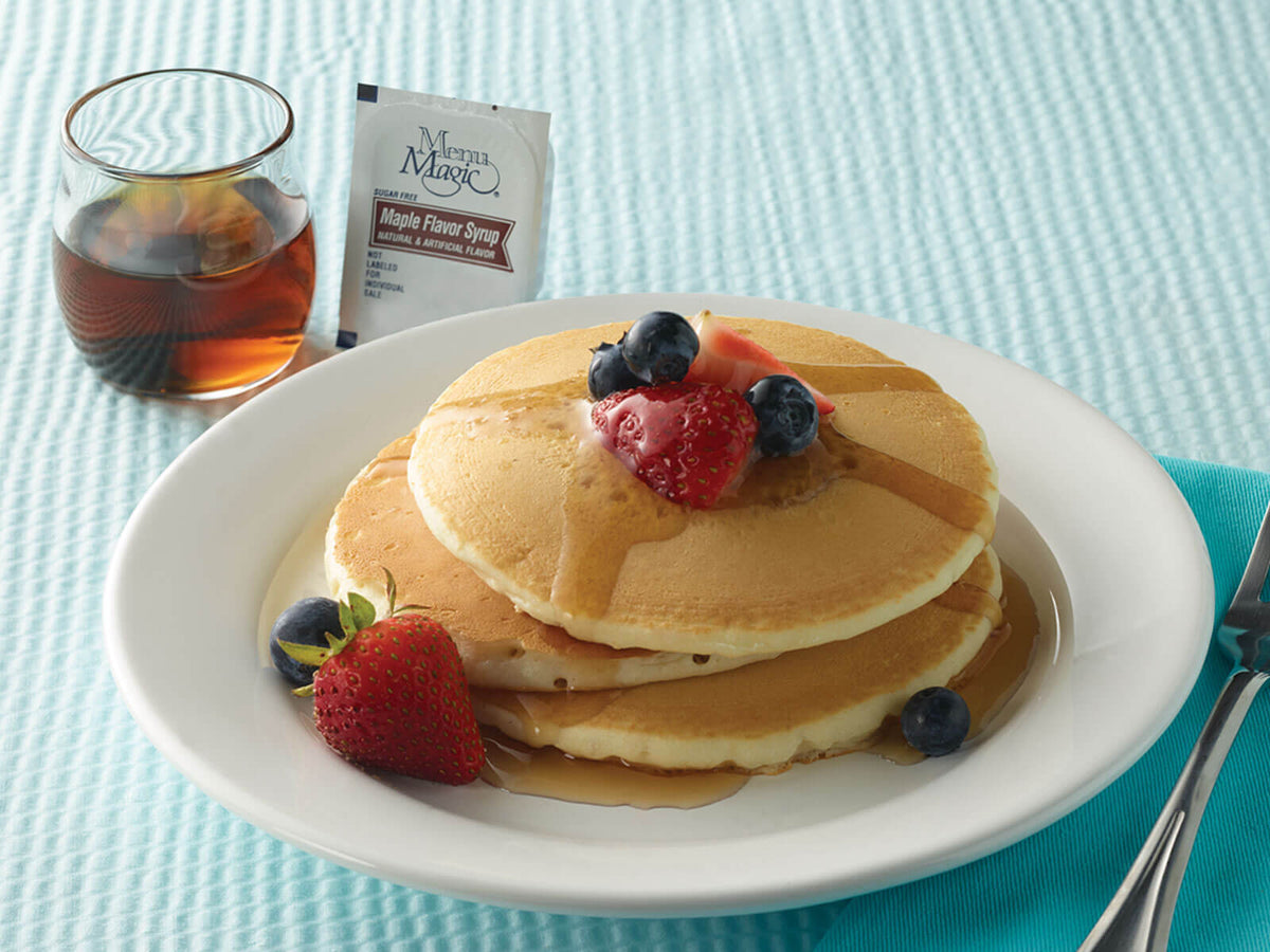 Hormel Health Labs Menu Magic Condiment syrup on pancakes.