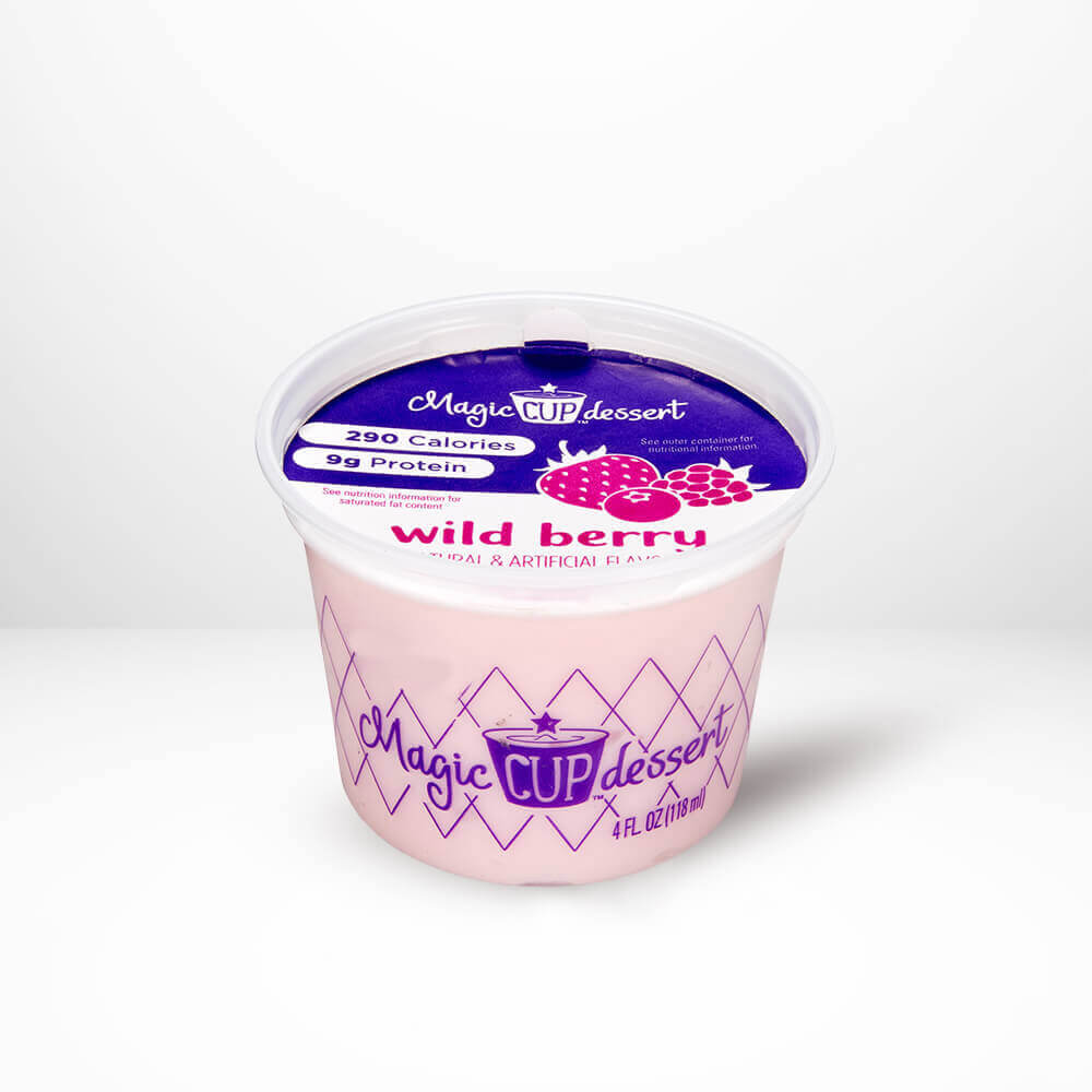 Container of Magic Cup Dessert wild berry flavor on a white background.