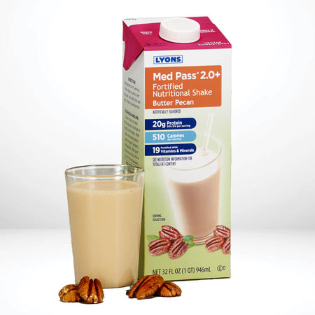 Carton of Lyons Med Pass 2.0+ Nutritional Shake with a glass of shake and pecans on a white background.