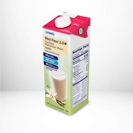 Box of Lyones Med Pass 2.0+ fortified nutritional shake on a white background.