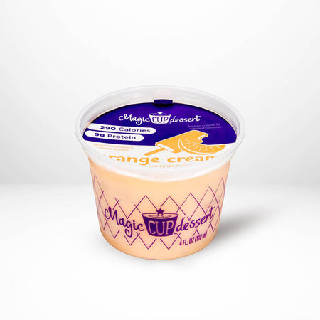 Magic Cup dessert container with orange cream flavor on a white background.