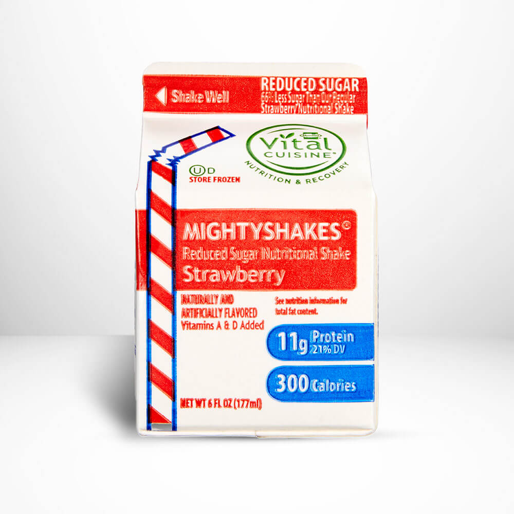 MightyShakes Reduced Sugar Nutritional Shake package on a white background.