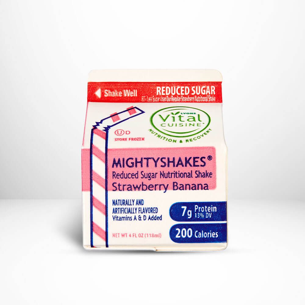 MightyShakes Reduced Sugar Nutritional Shake Strawberry Banana package on a white background.