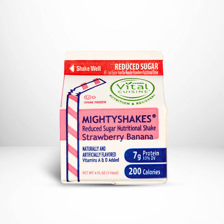 MightyShakes Reduced Sugar Nutritional Shake Strawberry Banana package on a white background.