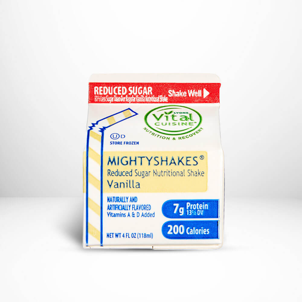 MightyShakes Reduced Sugar Vanilla nutritional shake package on a white background.