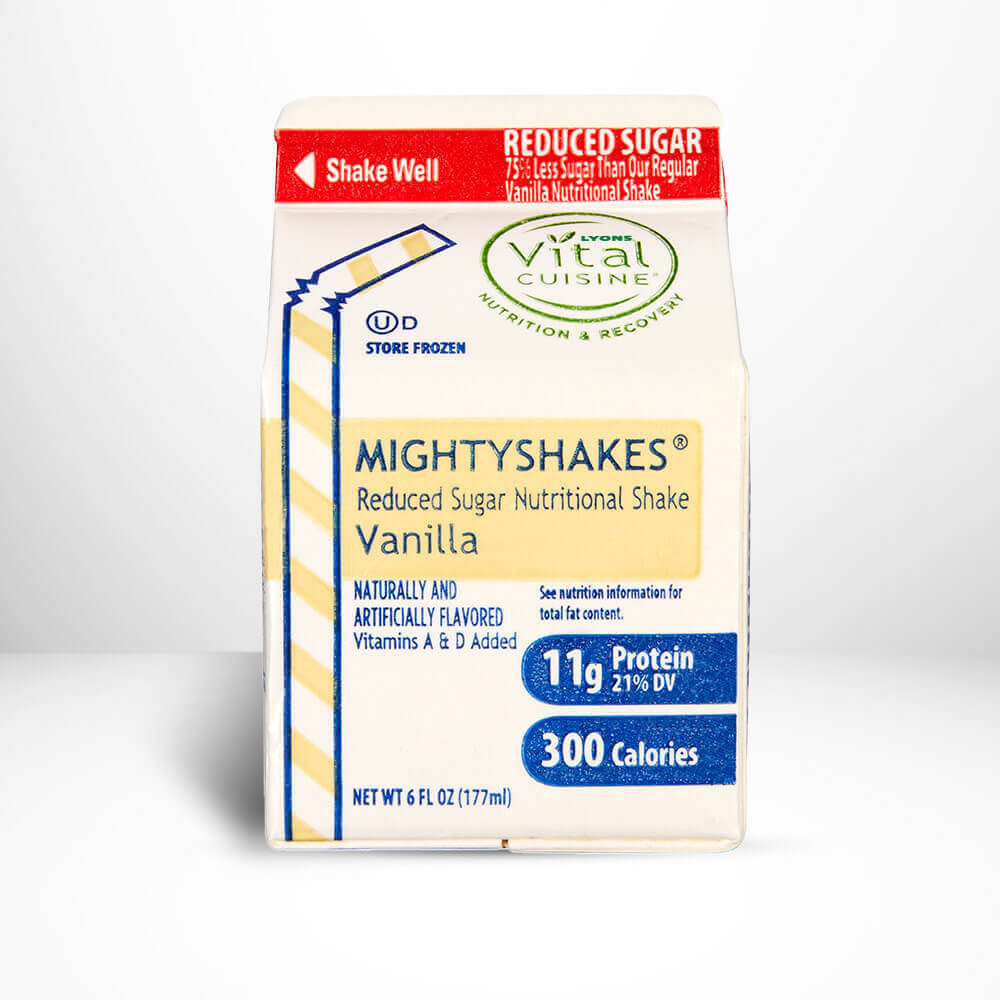 MightyShakes Reduced Sugar Vanilla nutritional shake package on a white background.