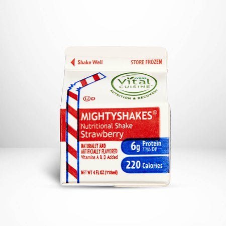 MightyShakes nutritional shake packaging with Vital Cuisine branding on a white background.