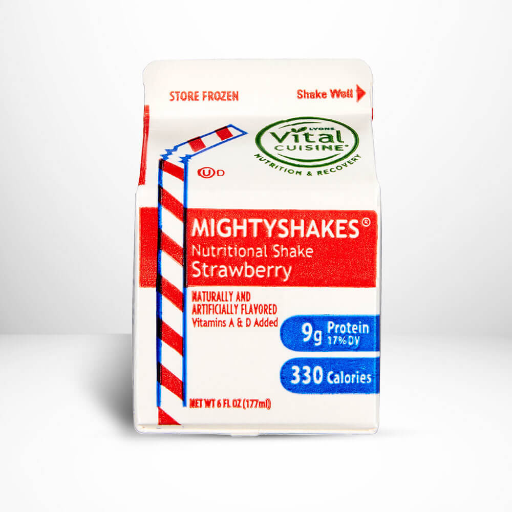 MightyShakes Strawberry nutritional shake package on a white background.