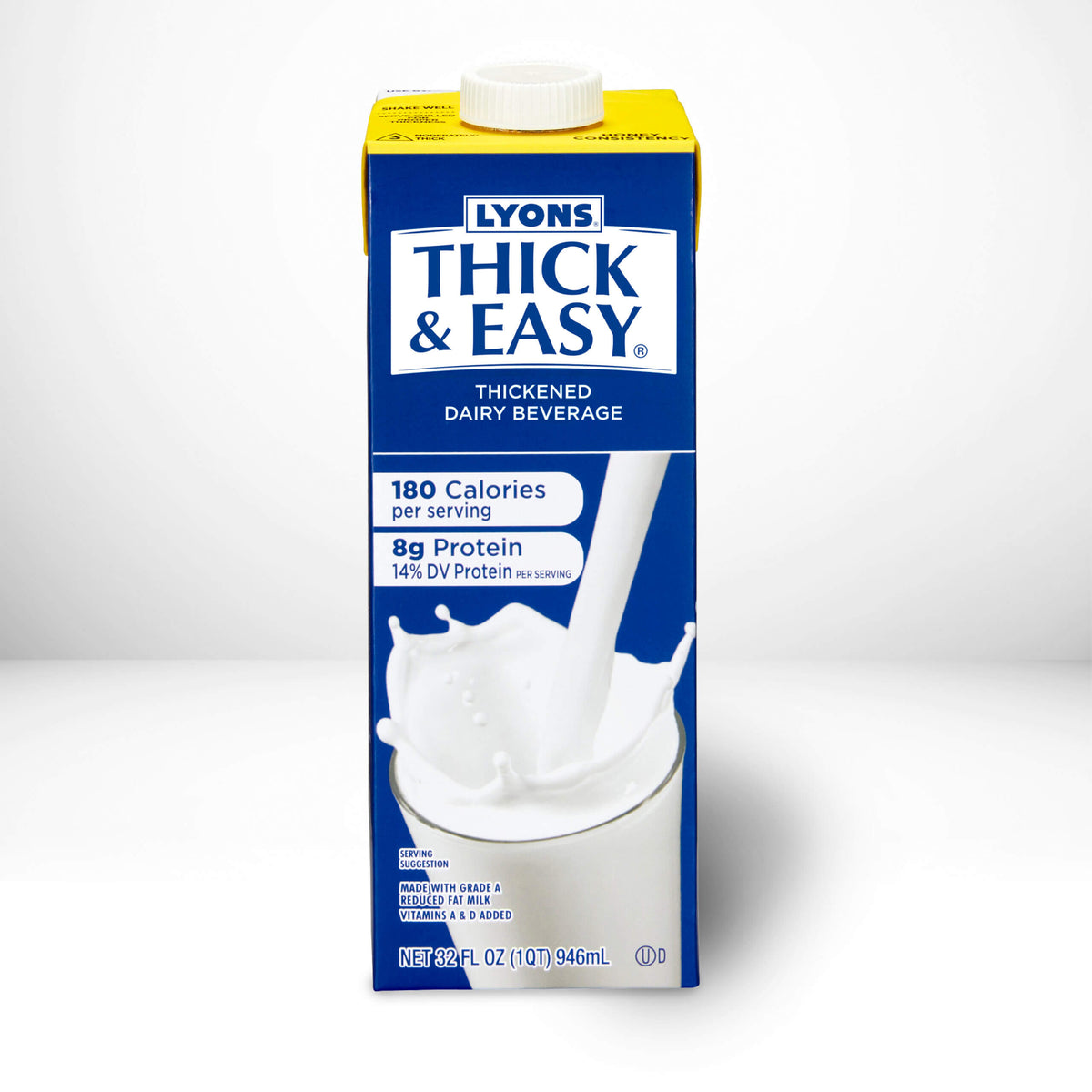 Carton of Lyons Thick & Easy thickened dairy beverage on a white background.