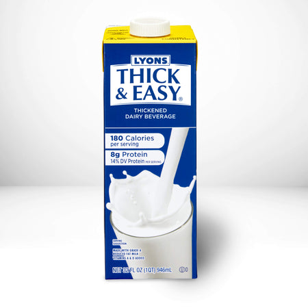 Carton of Lyons Thick & Easy thickened dairy beverage on a white background.