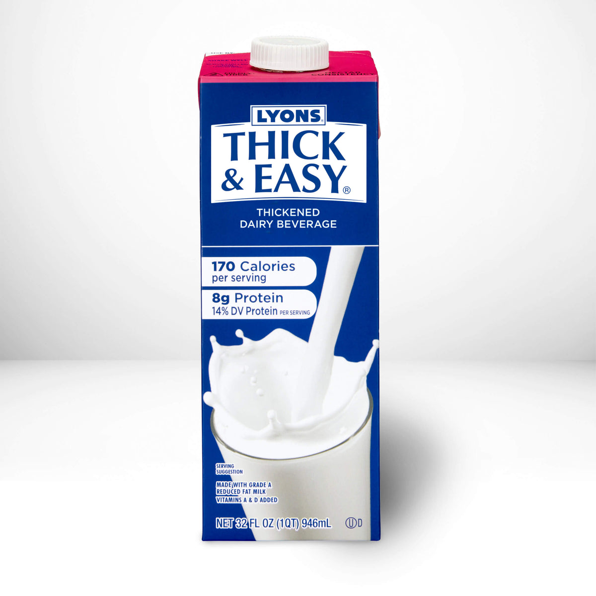 Carton of Lyons Thick & Easy thickened dairy beverage on a white background.