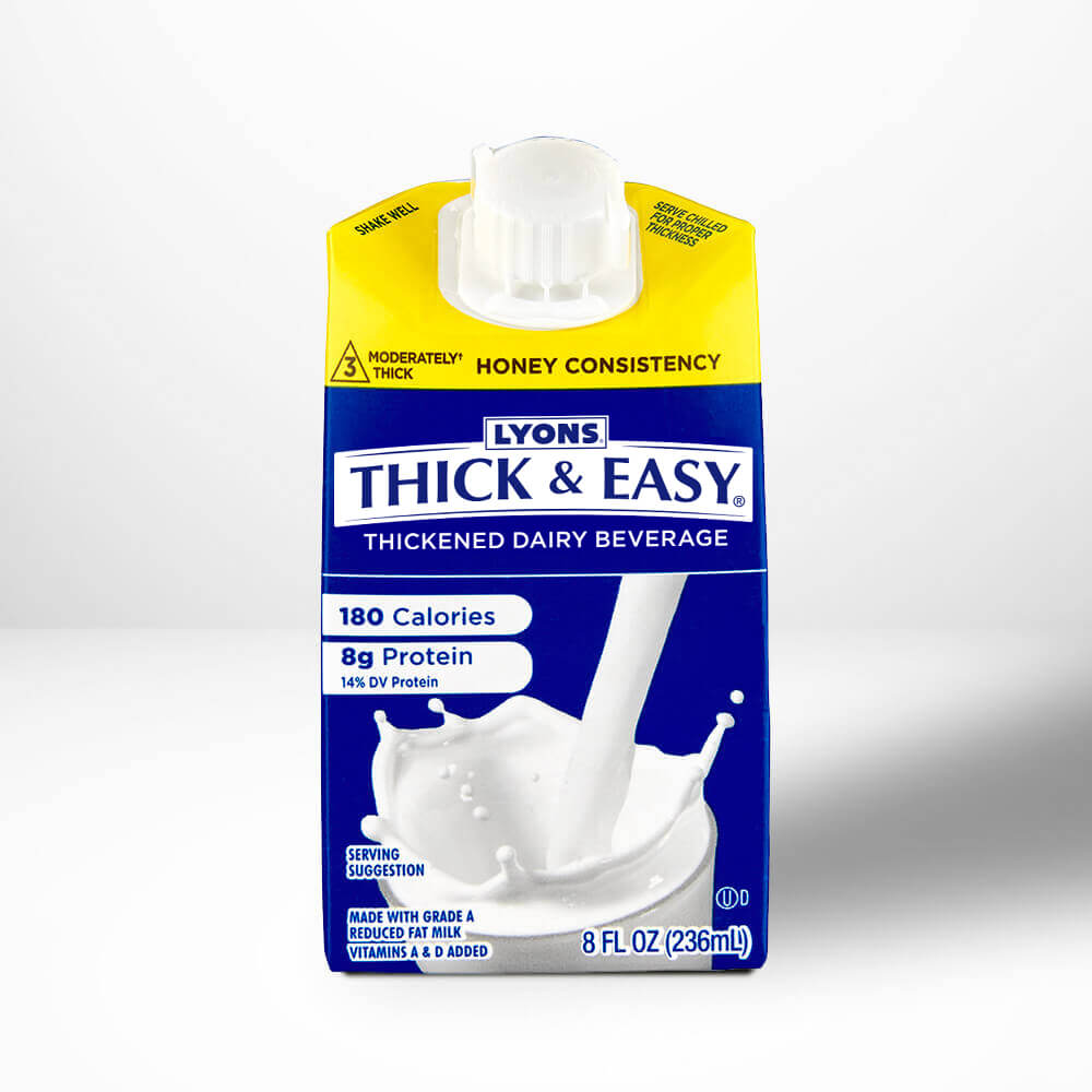 Lyons Thick & Easy thickened dairy beverage package on a white background.