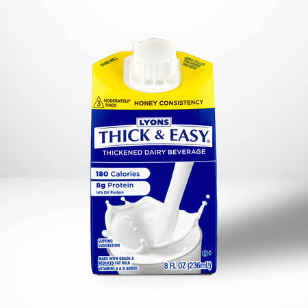 Lyons Thick & Easy thickened dairy beverage package on a white background.