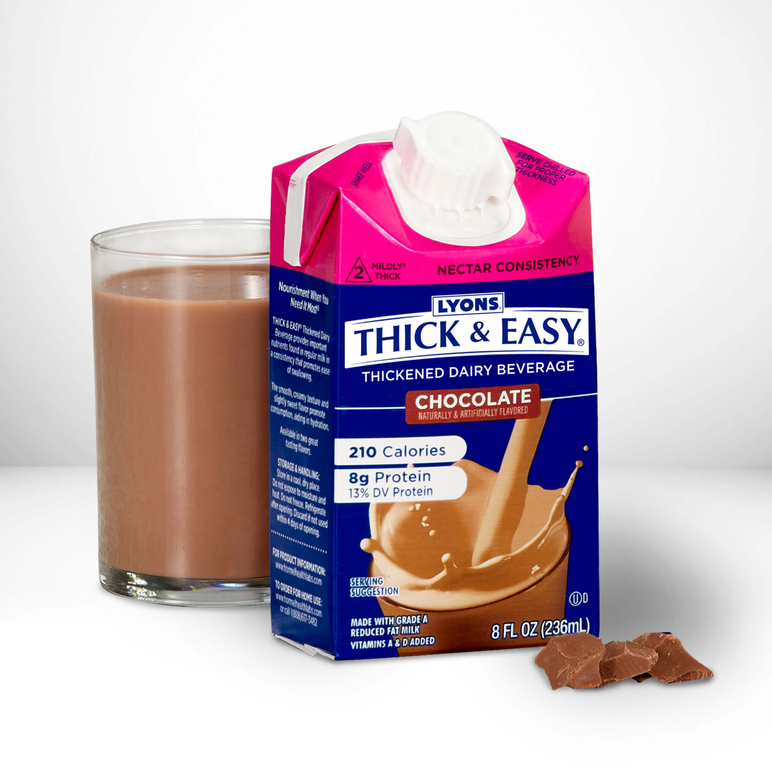Lyons Thick & Easy chocolate thickened dairy beverage carton with a glass of the product on a white background.
