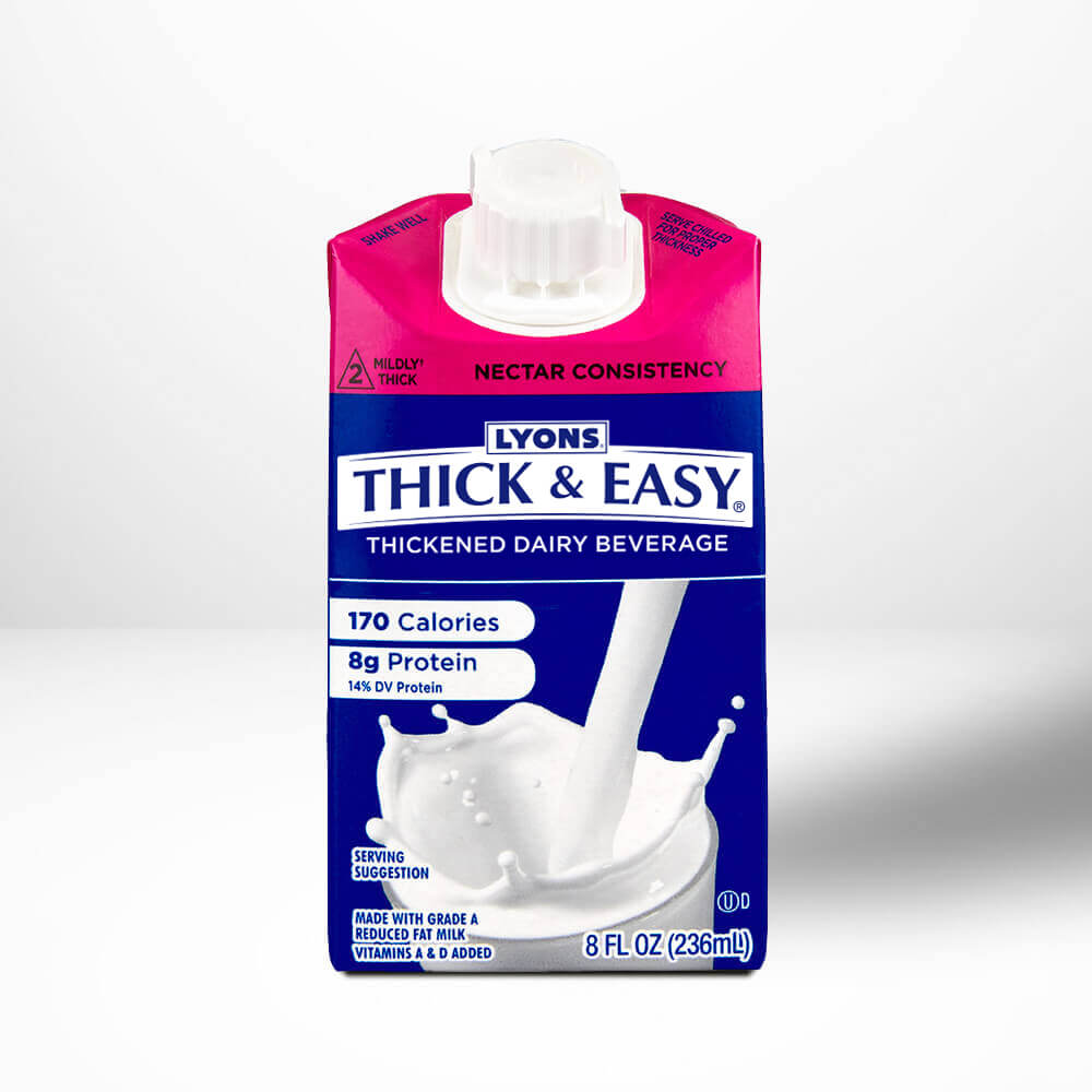 Lyons Thick & Easy thickened dairy beverage package on a white background.