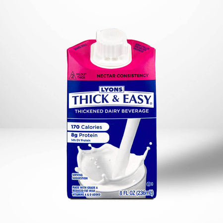 Lyons Thick & Easy thickened dairy beverage package on a white background.