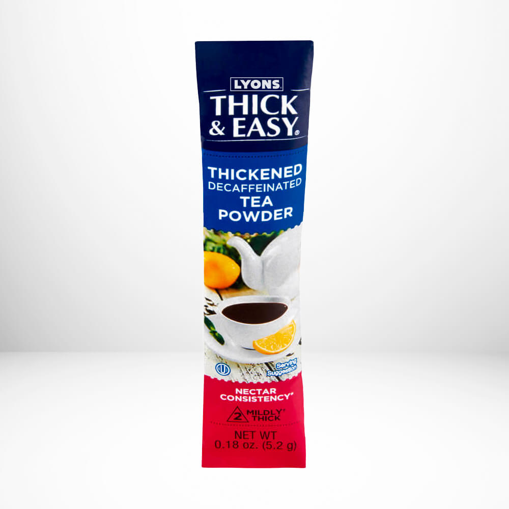 Lyons Thick & Easy thickened decaffeinated tea powder package on a white background.