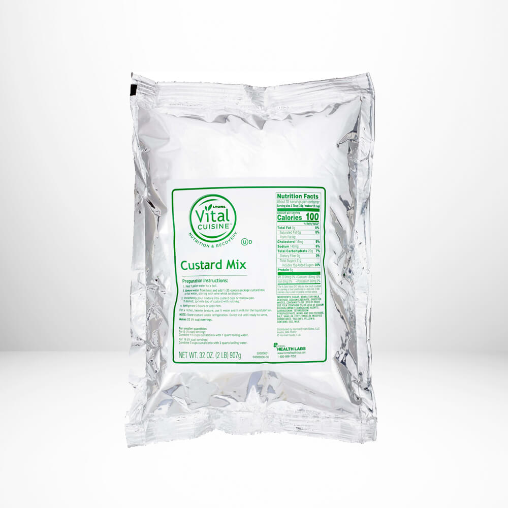 Clear package of Vital Cuisine Custard Mix on a white background.