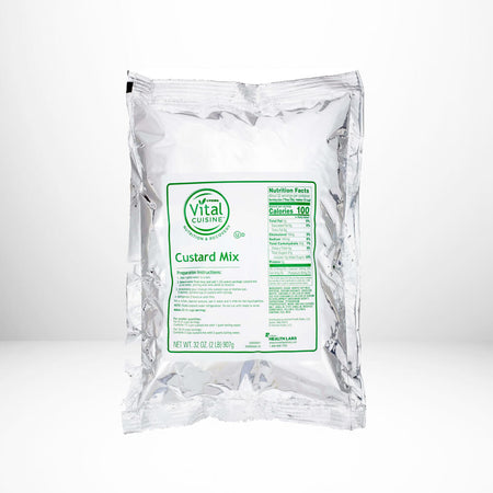 Clear package of Vital Cuisine Custard Mix on a white background.