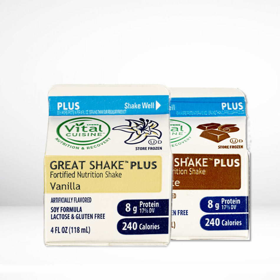 Two packages of Vital Cuisine Great Shake Plus on a white background.
