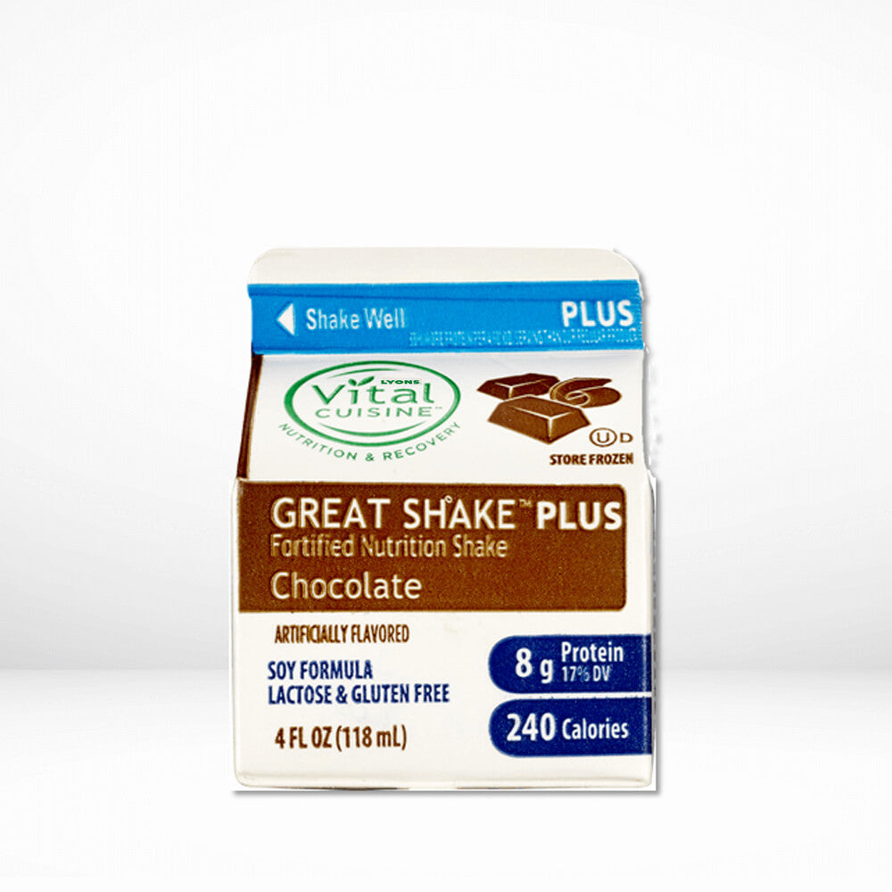 Vital Cuisine Great Shake Plus chocolate flavor package on a white background.