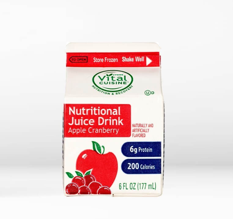 Container of Lyons Thick & Easy thickened apple juice on a white background.