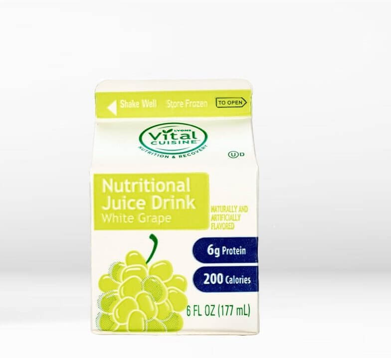 Nutritional juice drink package for white grape flavor on a white background.