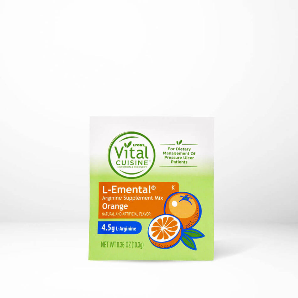Hormel Vital Cuisine L-emental orange flavor packet on table.