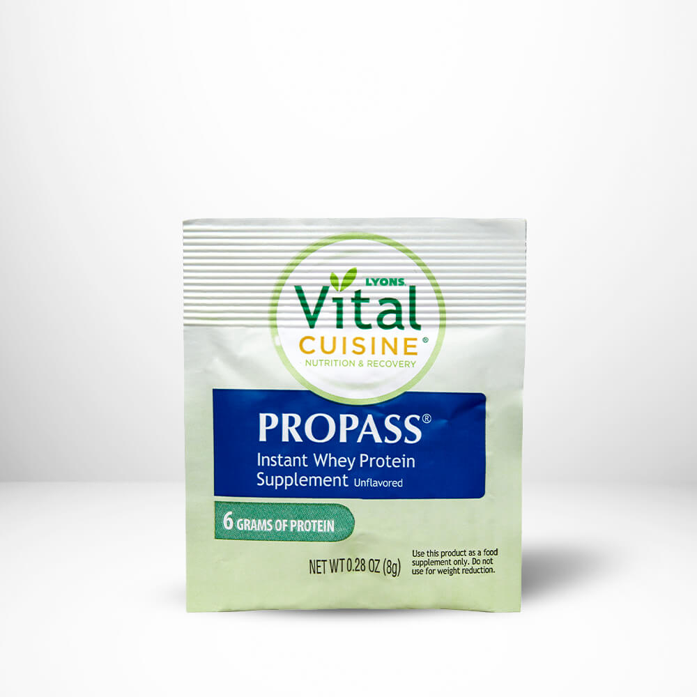 Vital Cuisine Propass Instant Whey Protein Supplement packet on a white background.